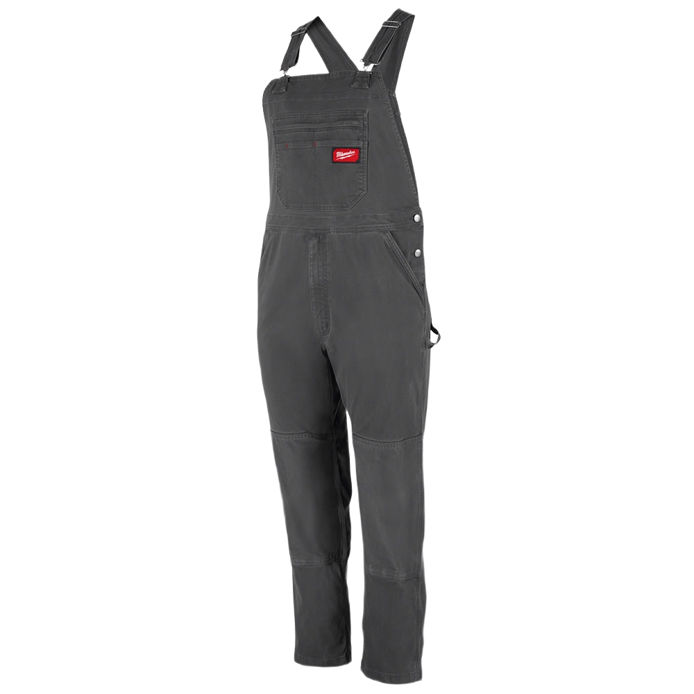 Dark gray unlined bib overalls with adjustable straps and multiple pockets for durable workwear in home improvement tasks