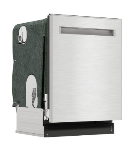 Front angle view of stainless steel smart dishwasher with top control panel in kitchen appliances collection