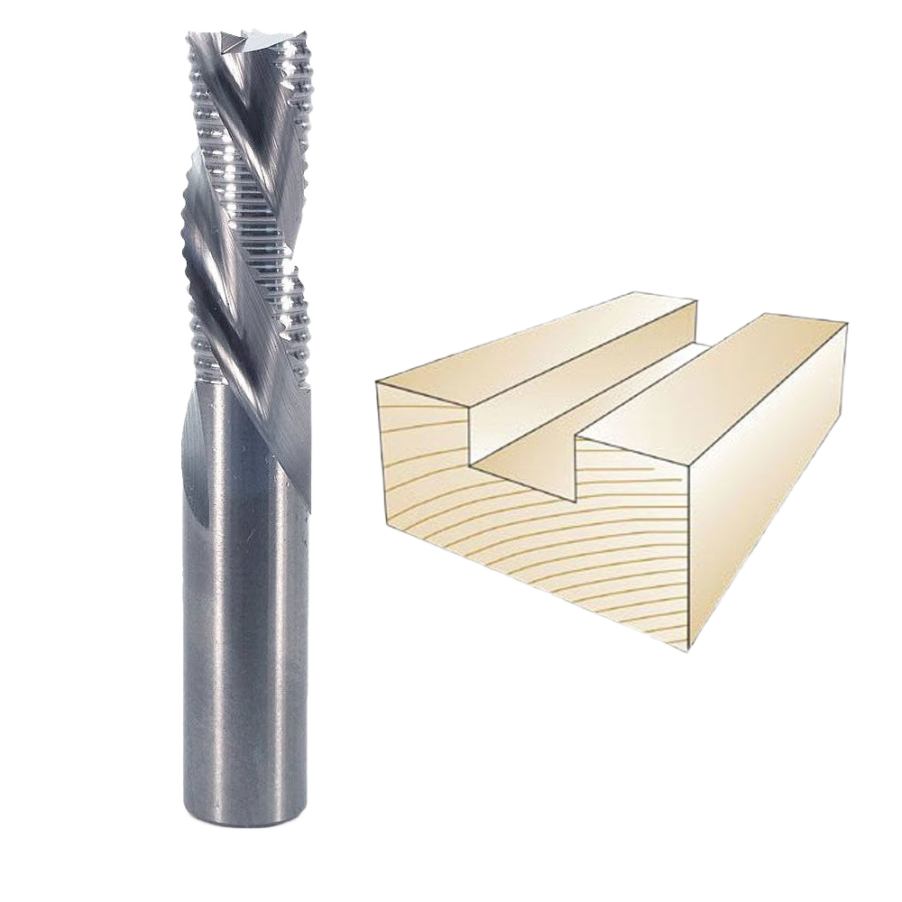 Three flute spiral downcut roughing bit alongside a woodworking groove example in tool accessories collection.
