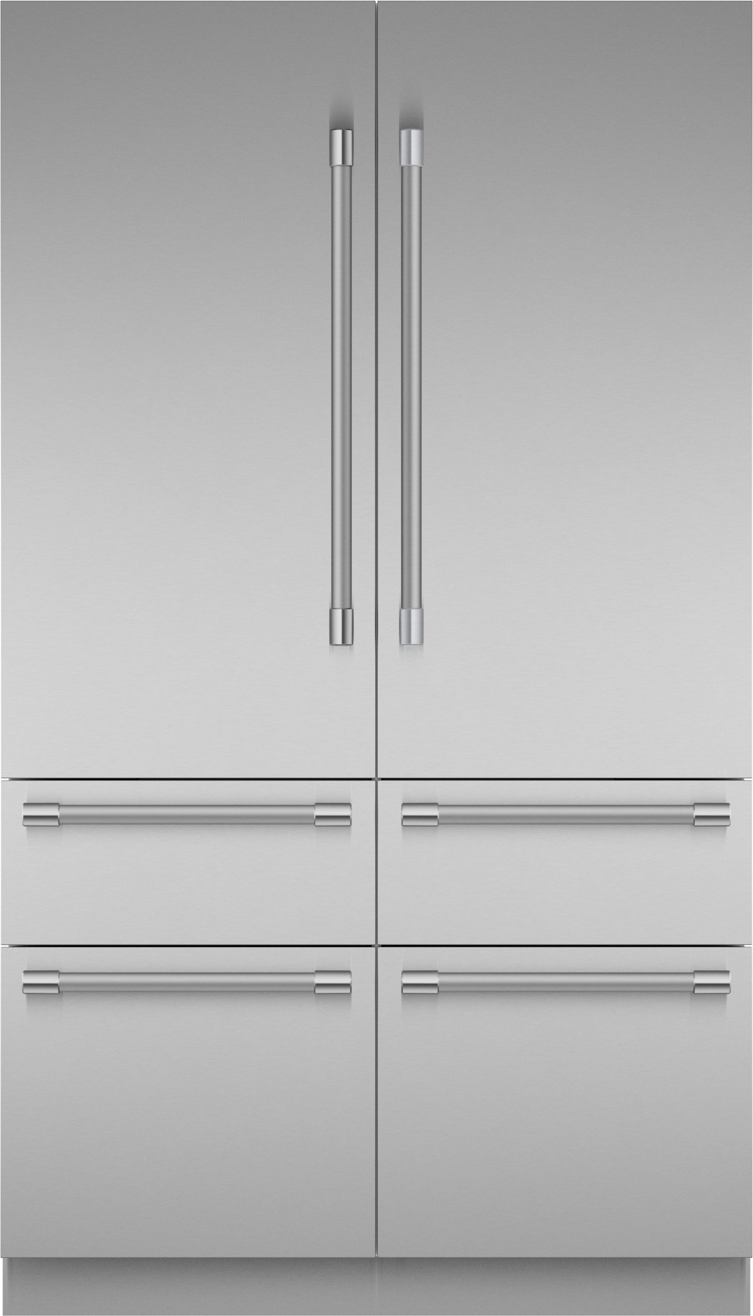 Professional stainless steel built-in French door refrigerator with bottom freezer drawers in Thermador appliances collection