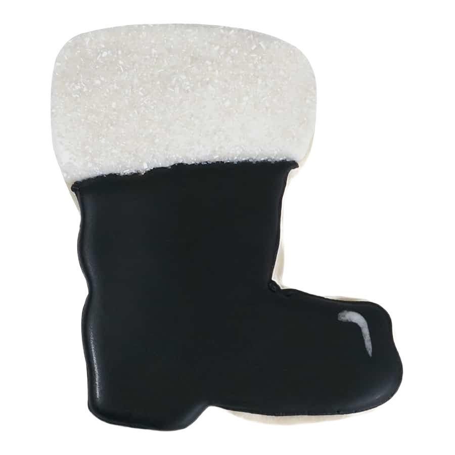 Cookie shaped like a black Santa boot with white trim decorated for holiday baking in kitchenware and bakeware collections