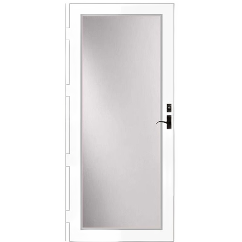 White storm door with large frosted glass panel and black handle for home exterior use