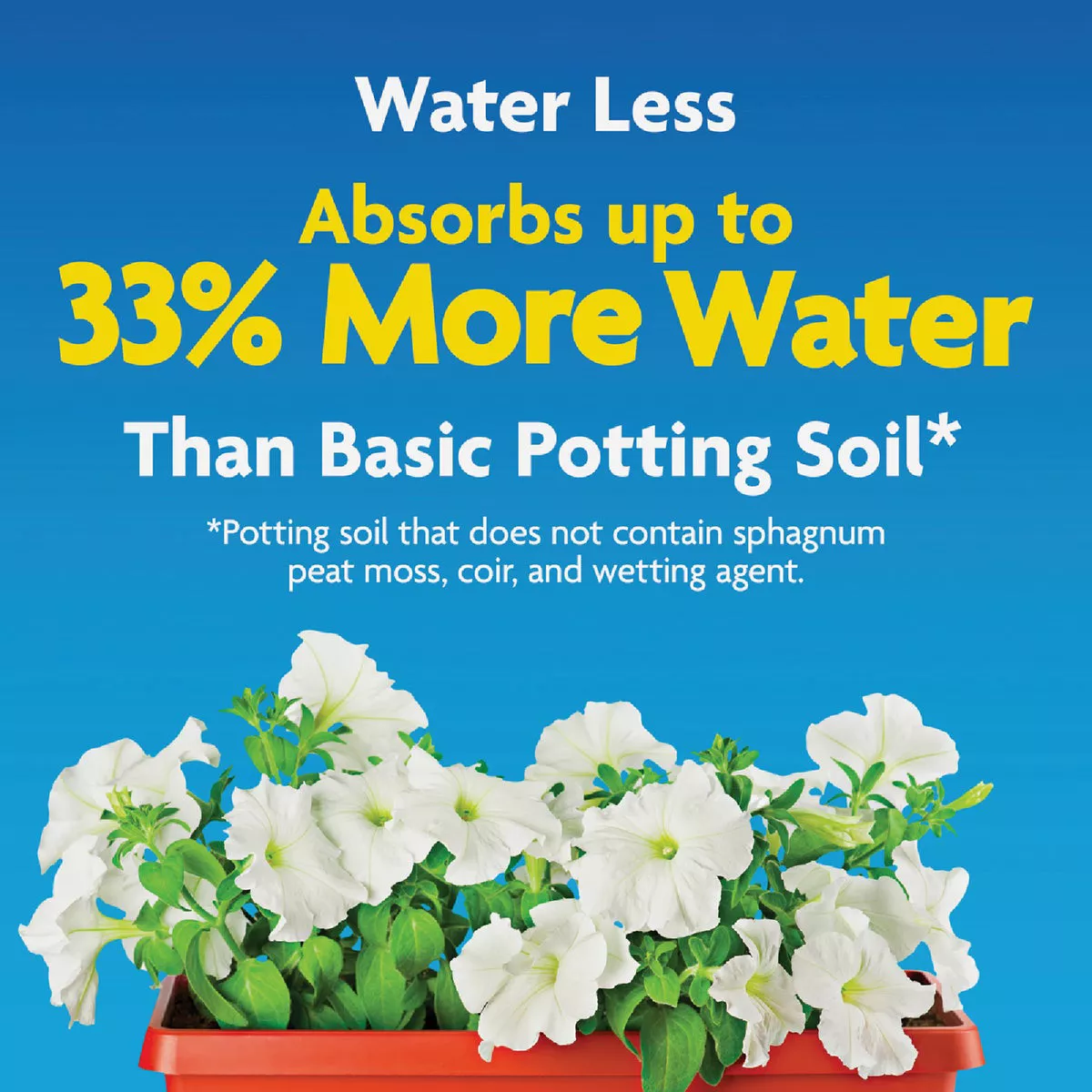 Graphic showing white petunias in orange planter with text highlighting 33% more water absorption than basic potting soil