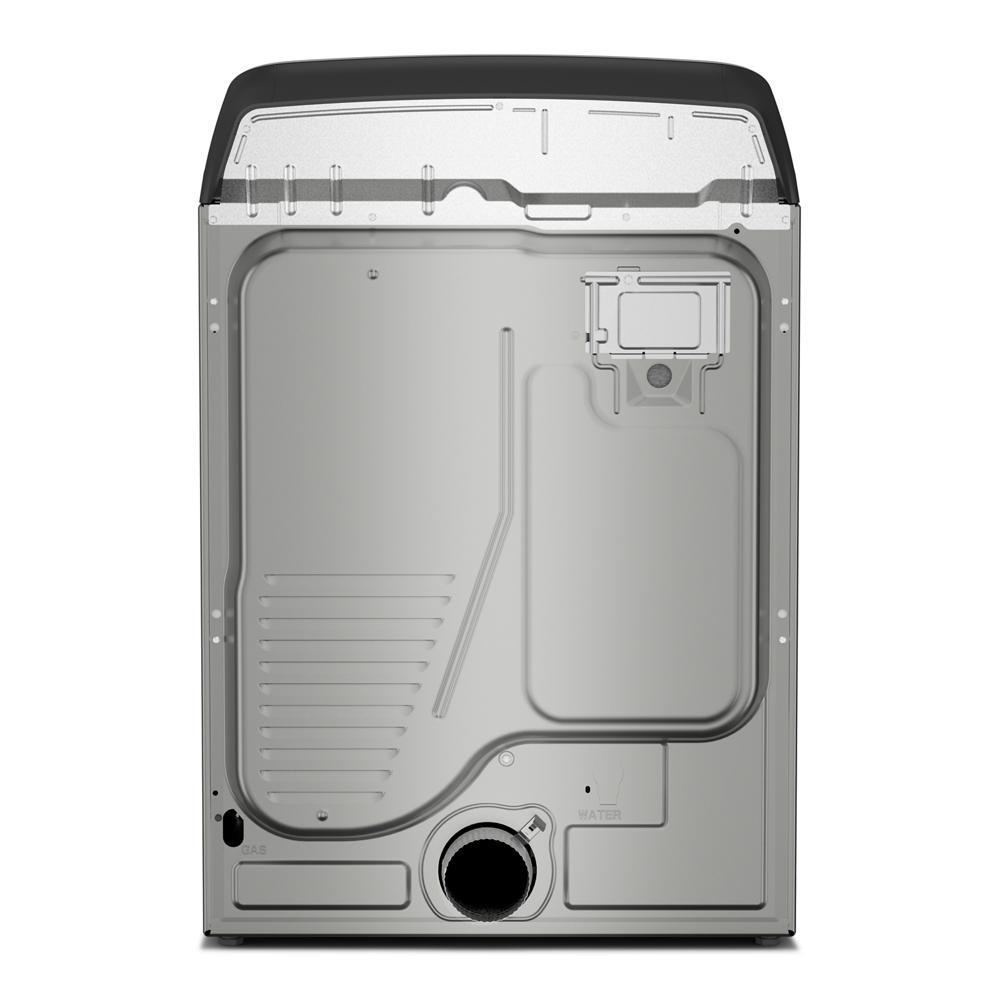 Back view of silver metal electric dryer housing showing vent and panel structure for appliances collection