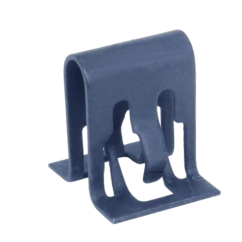 Black metal clip with curved top and flexible prongs for securing parts in tools and home improvement projects