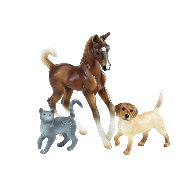Brown horse figurine with yellow labrador puppy and gray cat toy figures for pet grooming playset