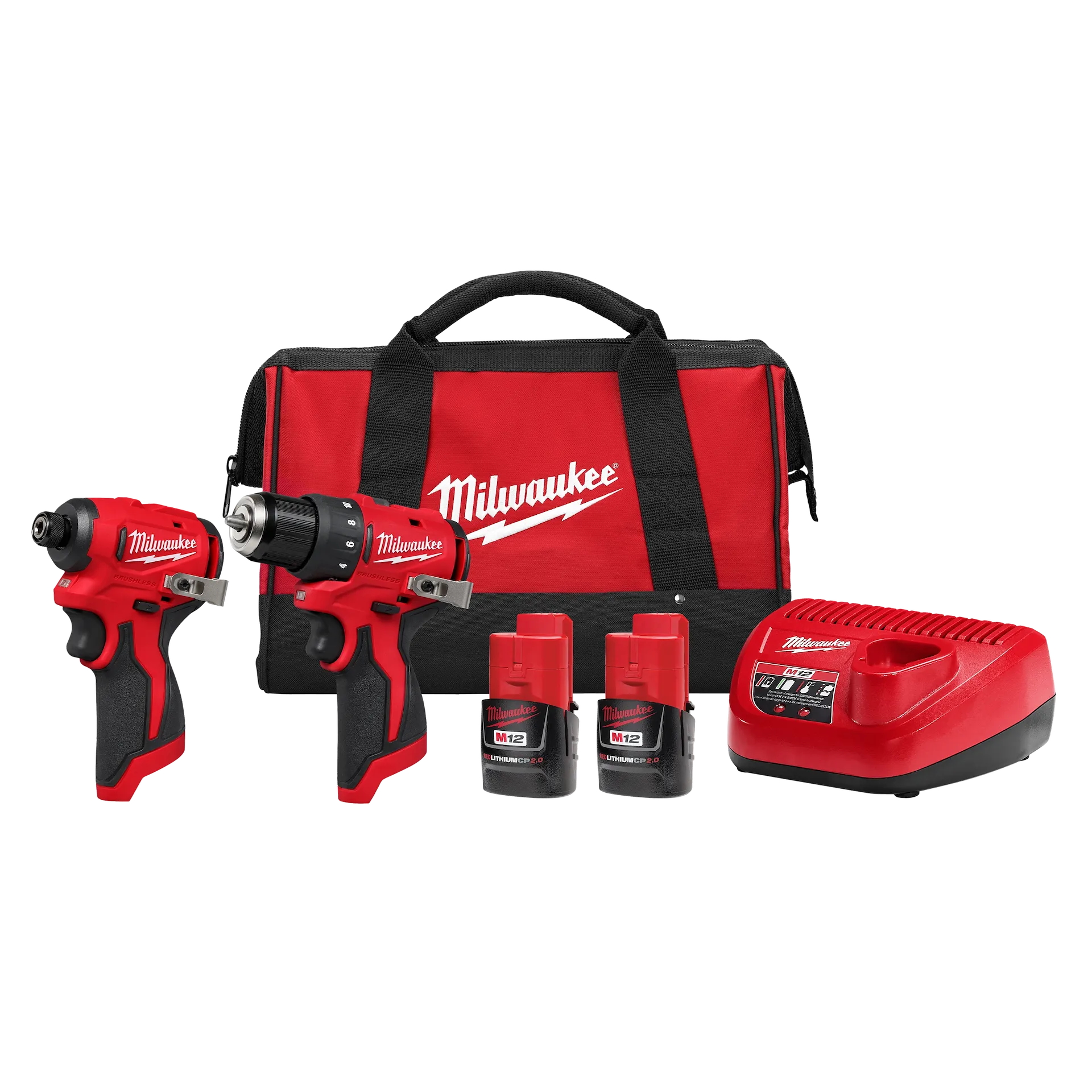 Red subcompact cordless drill and impact driver kit with batteries, charger, and tool bag for home improvement tasks