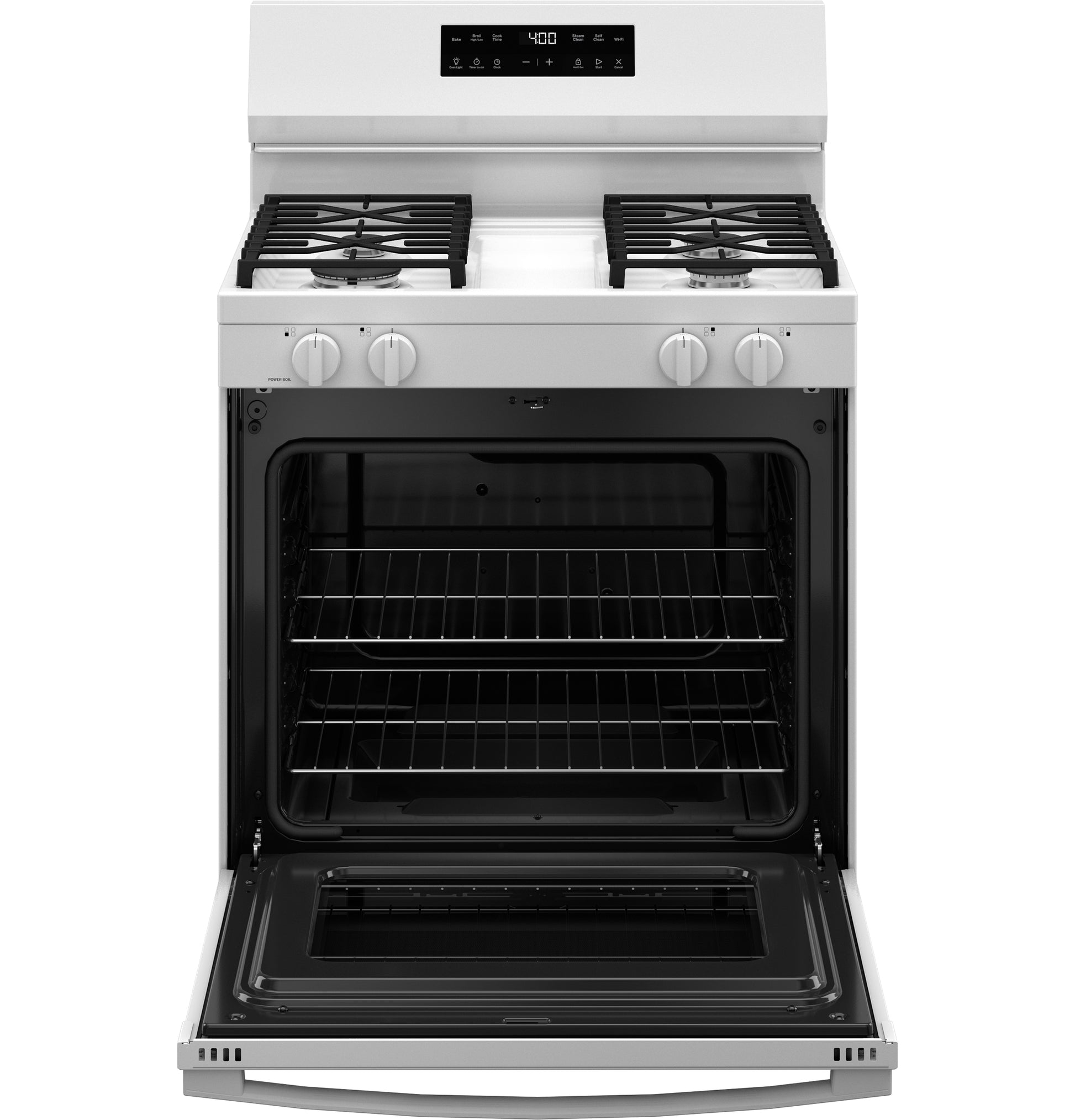 White free-standing gas range with four burners, digital control panel, and open oven door from kitchen appliances collection.