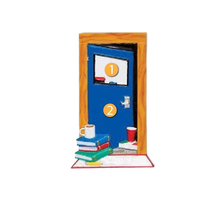 Blue dorm room door ornament with stack of books, coffee cup, and red tumbler for Christmas decor under $50 collection