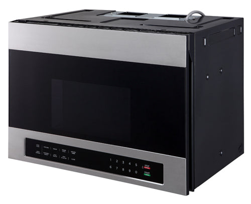 Stainless steel and black 24-inch over-the-range microwave with digital touch controls in kitchen appliances collection