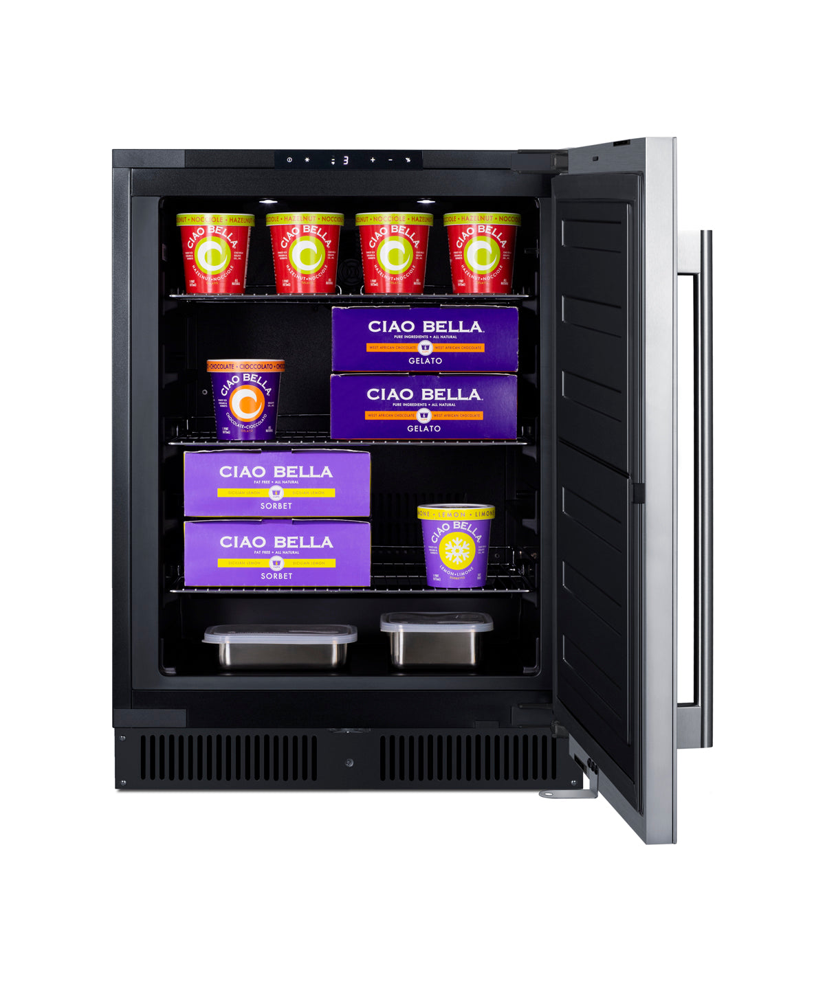 24-inch built-in all-freezer with open door showing multiple packaged frozen desserts inside in freezer appliances collection