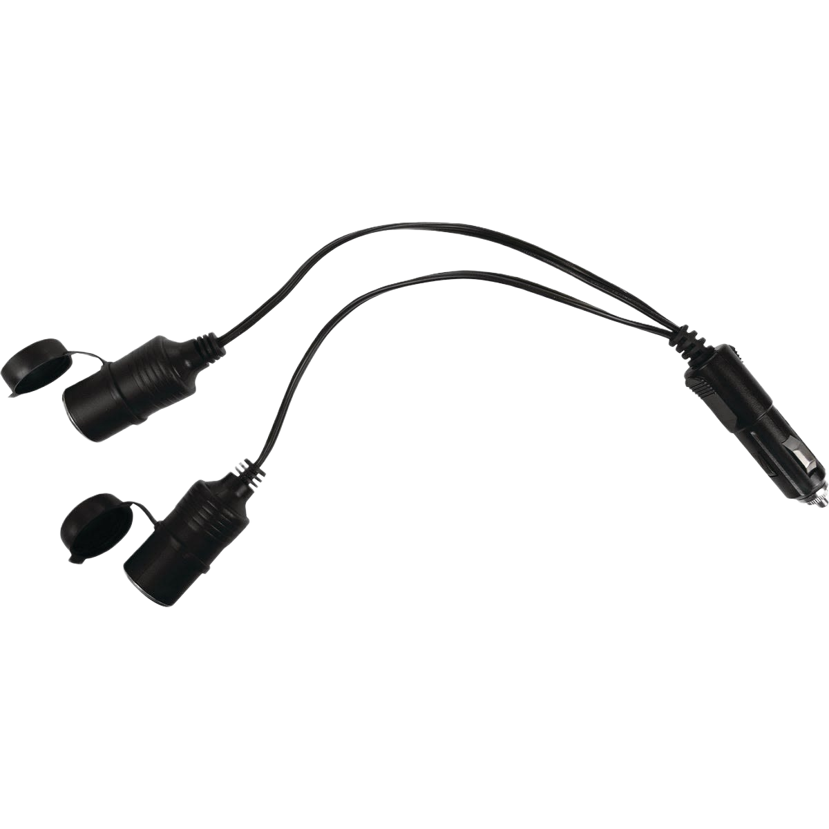 Black 12 volt double outlet adapter with protective caps for powering multiple devices in automotive use