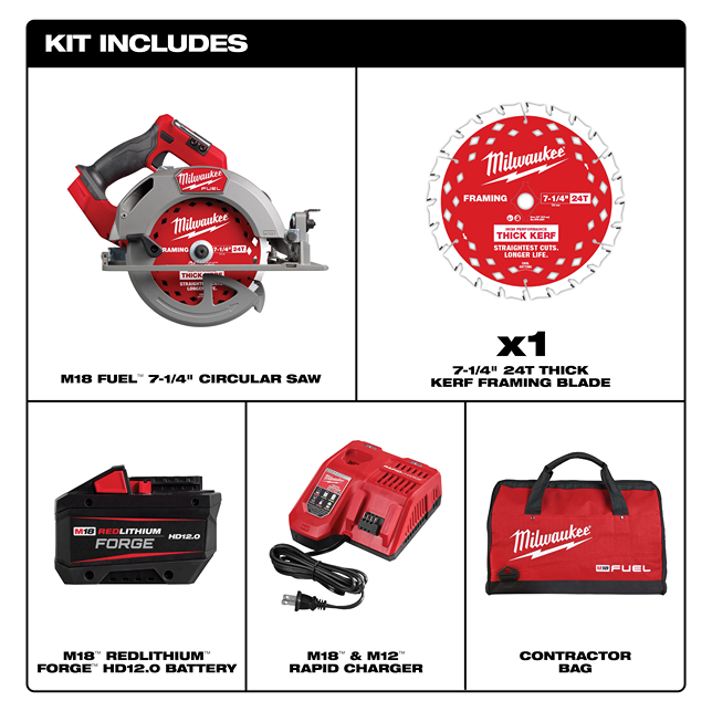 Milwaukee M18 FUEL 7-1/4 inch circular saw kit with battery, charger, framing blade, and contractor bag for power tools collection
