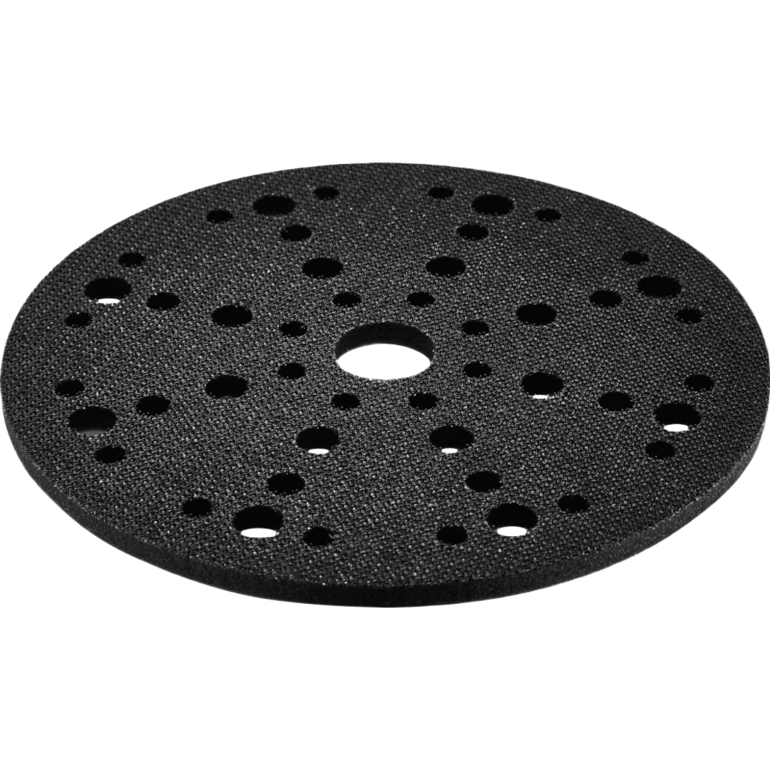 Round black interface sander backing pad with multiple ventilation holes for tools and home improvement tasks