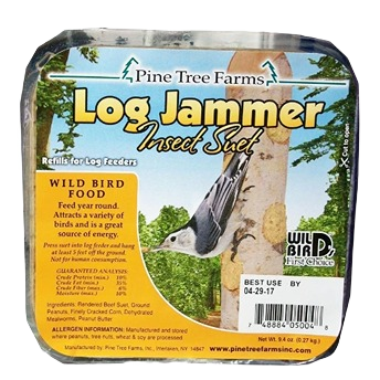 Square package of Pine Tree Farms suet plug refills for log bird feeders with bird illustration and feeding information