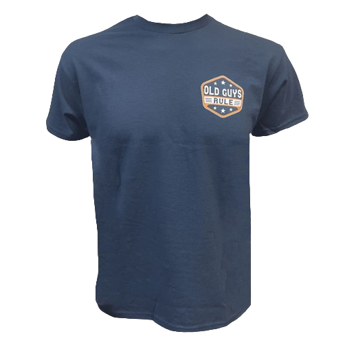 Navy blue men's shirt with small Old Guys Rule logo in white and tan on left chest area
