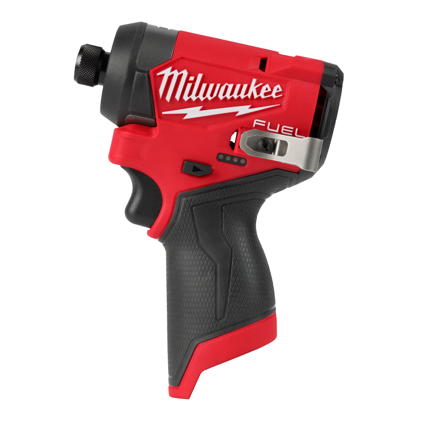 Compact red and black cordless impact driver with textured grip and metal belt clip for home improvement tasks