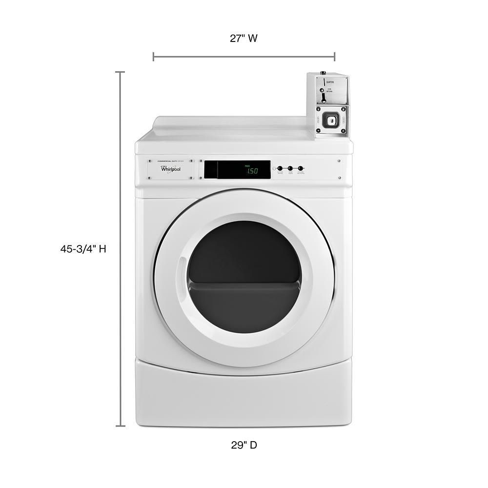 White commercial front-load electric dryer with coin drop and digital display for electric dryers and home appliances collections