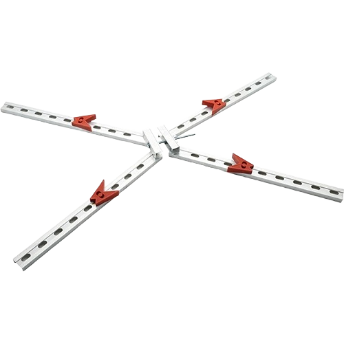 Adjustable metal frame clamp with red locking levers for securing corners in woodworking and home improvement projects
