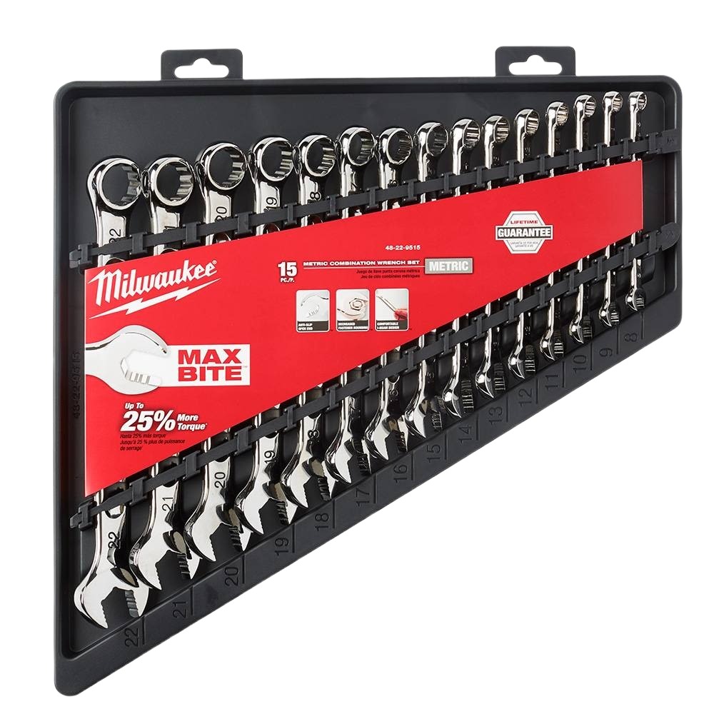 Set of polished combination metric wrenches with ratcheting box ends and MAX BITE grip in a black organizer tray