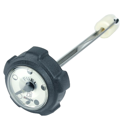 Black plastic fuel tank cap gauge with clear dial and metal float arm for measuring fuel level