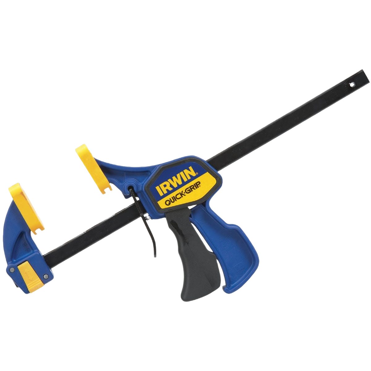 Irwin Quick-Grip medium duty bar clamp with blue and yellow plastic handles for one-handed use in tool and home improvement tasks