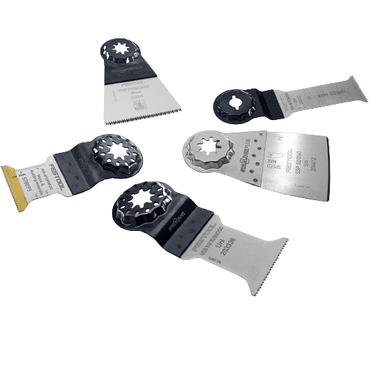 Set of five Festool oscillating saw blades designed for cutting wood, metal, plastics in power tool accessories collection
