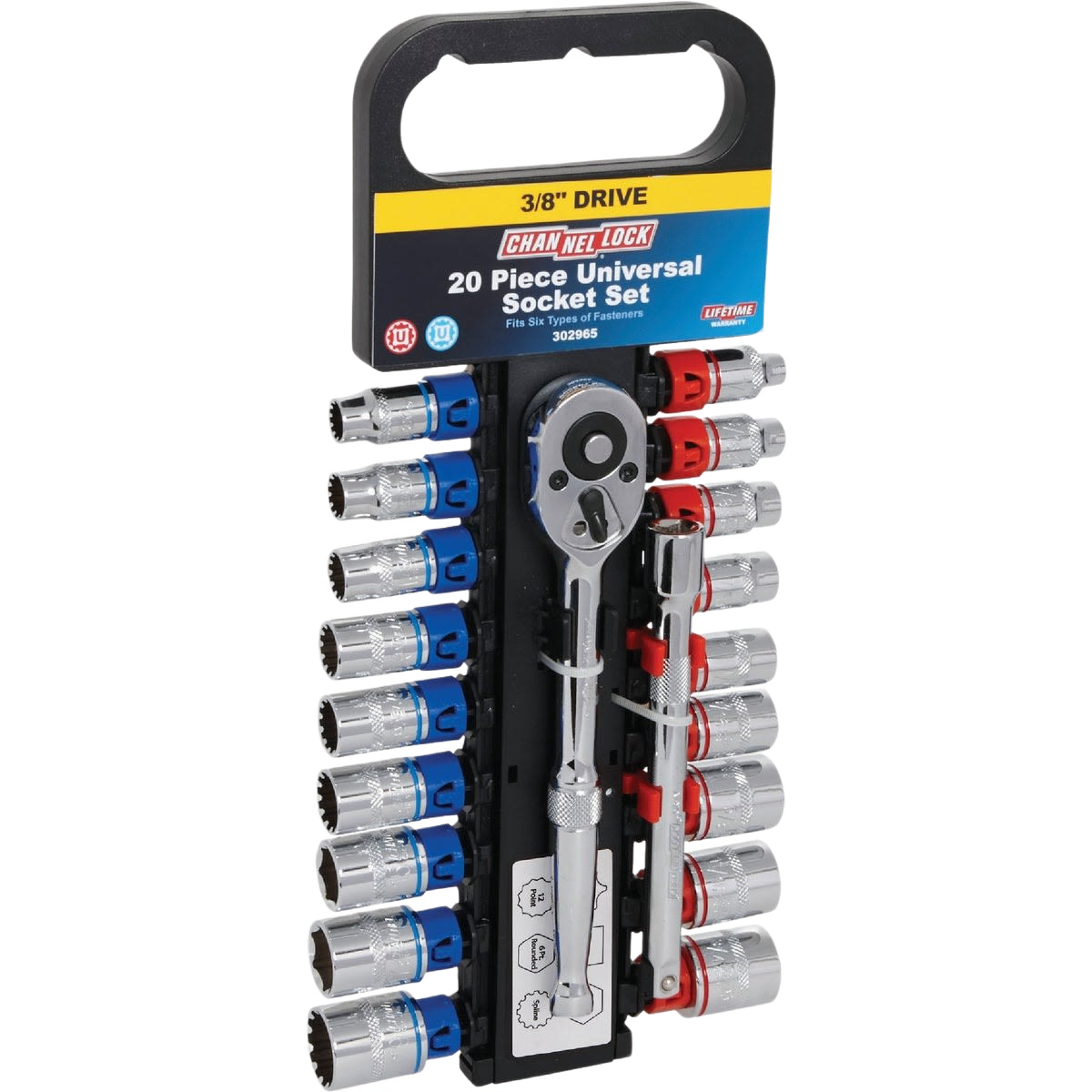 Compact 20-piece universal socket and ratchet set with color-coded SAE and Metric sizes for hand tools and woodworking collections
