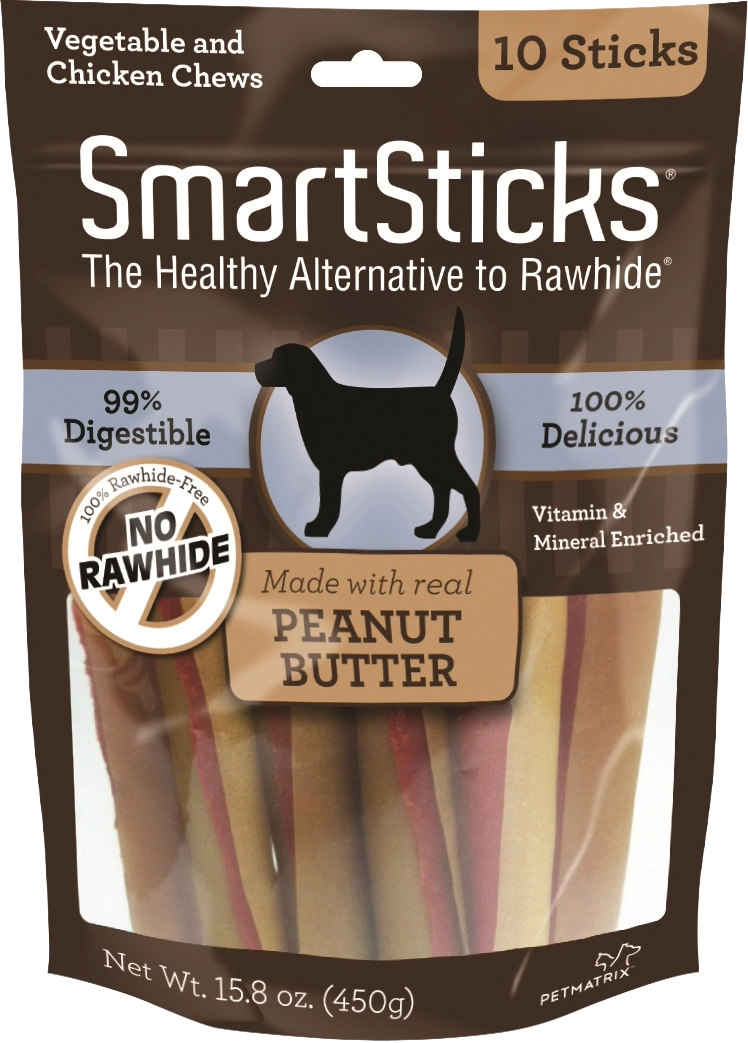 Package of SmartSticks peanut butter dog chews, 10-pack, vegetable and chicken ingredients, pet treats under $25