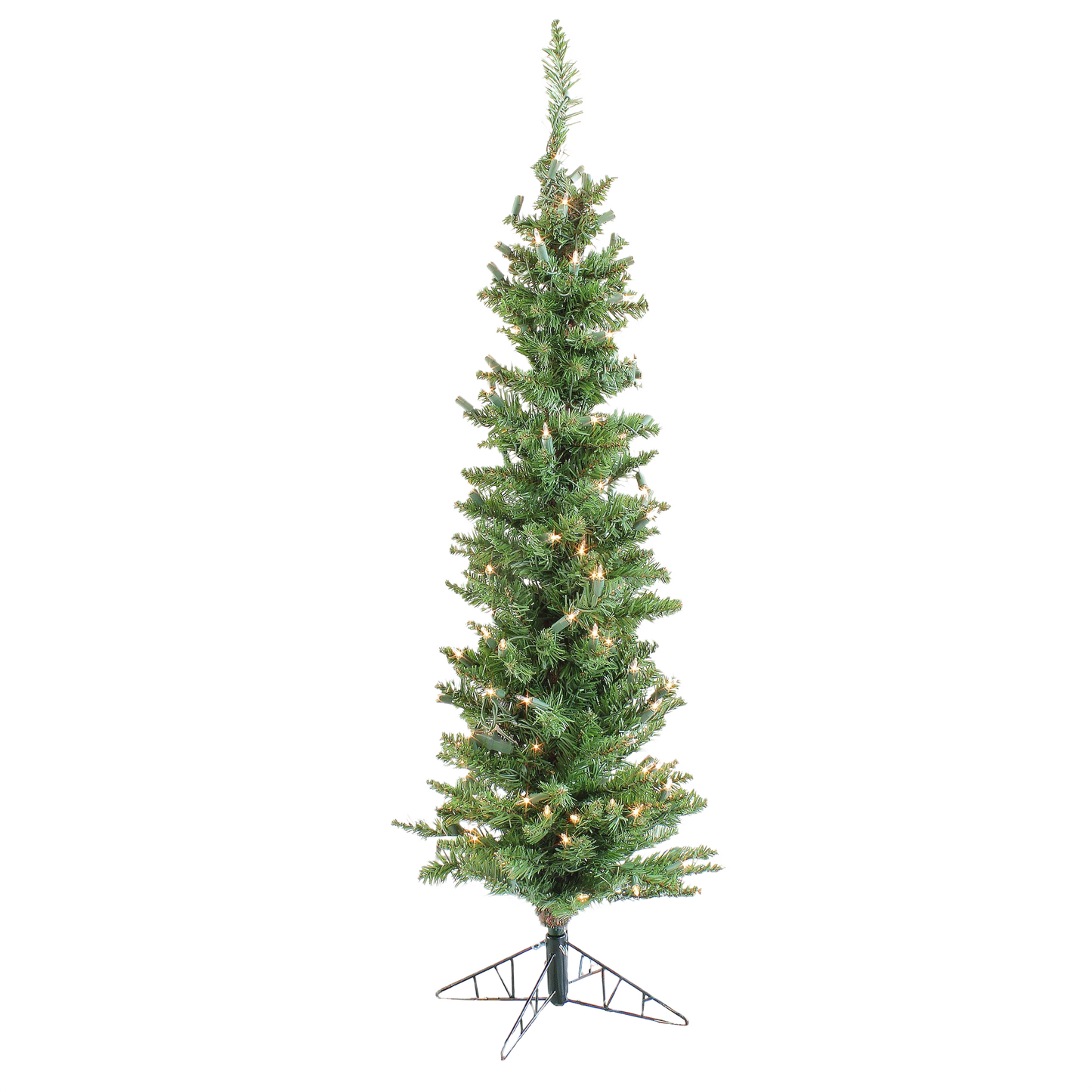 Slim artificial spruce tree with clear incandescent lights and metal stand for holiday home decoration