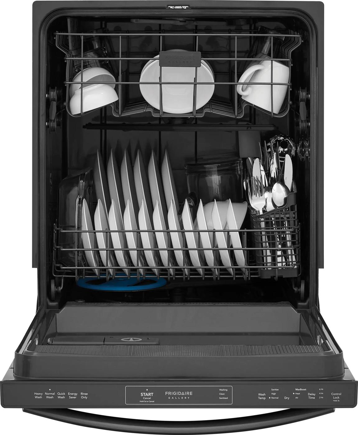 Open dishwasher loaded with clean dishes including plates, cups, and silverware in kitchen appliances collection