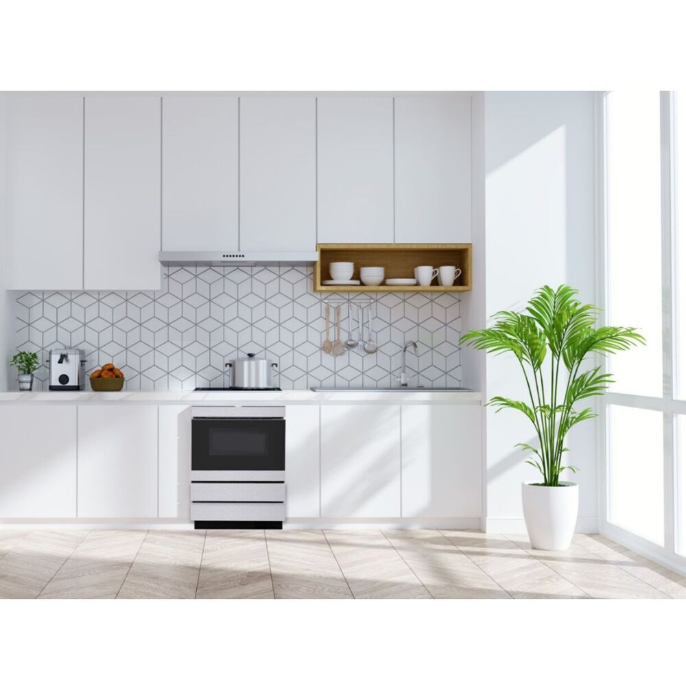 Modern white kitchen with built-in stainless steel oven, geometric tile backsplash, wooden shelf, and potted plant near window