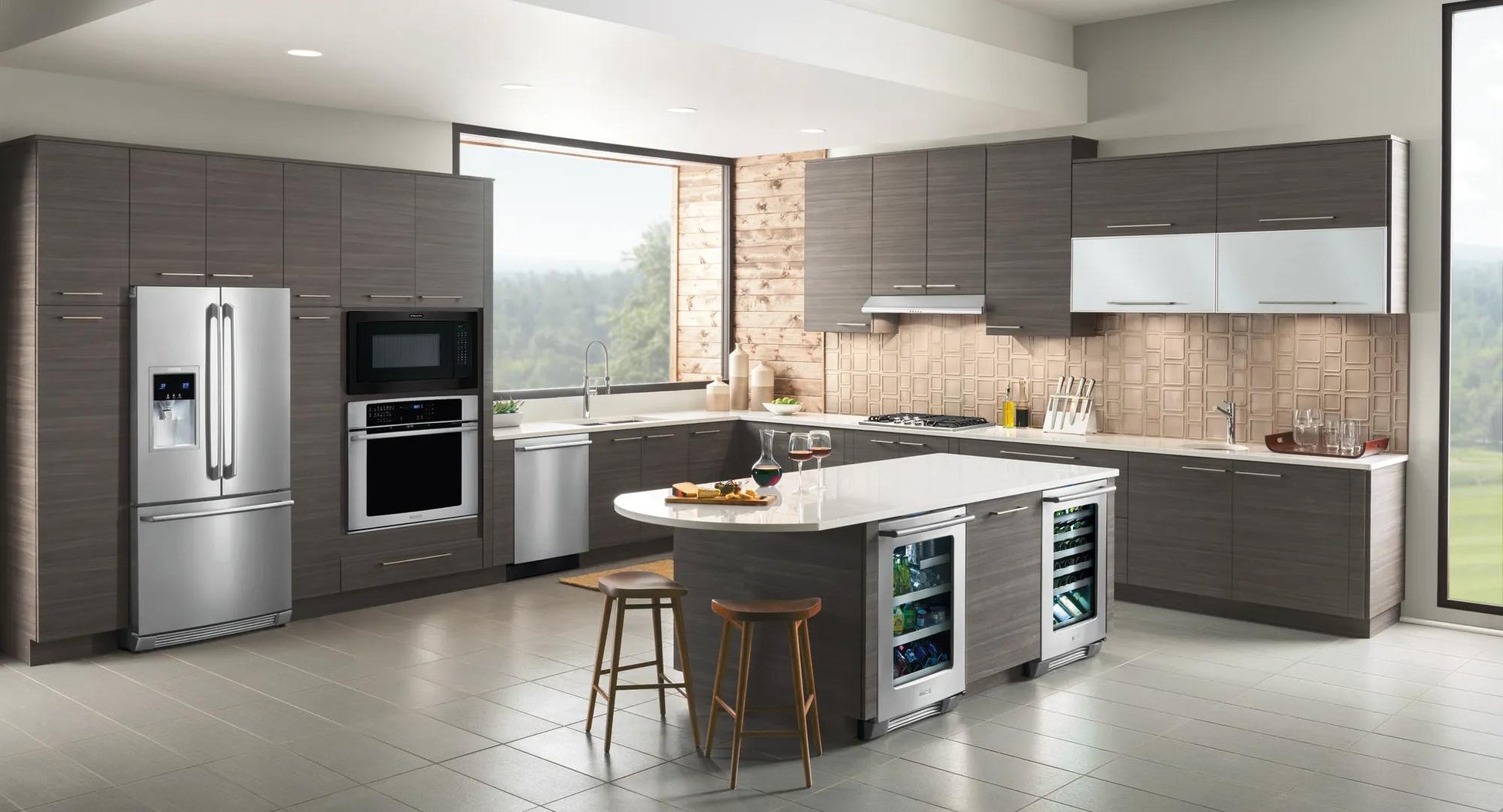 Modern kitchen with dark wood cabinets, stainless steel appliances, and a 36" overhead range hood above cooktop island with stools