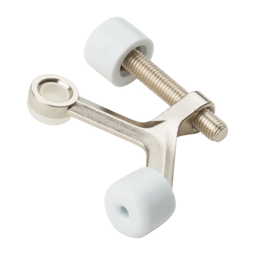 Satin nickel adjustable hinge pin door stop with white rubber bumpers for door protection in door accessories collections