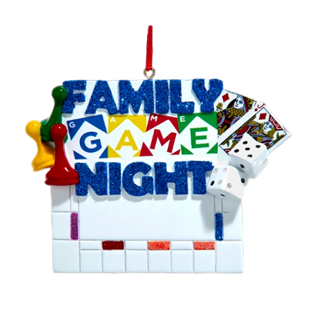 Colorful family game night ornament with dice, playing cards, and game pieces for Christmas decor under $50