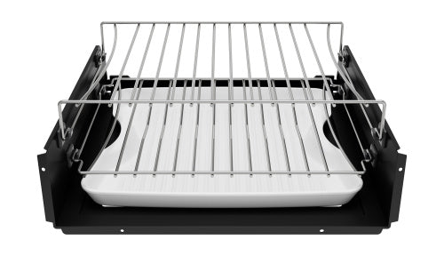 Open black built-in microwave drawer with removable metal rack and white ceramic tray inside for kitchen appliances.