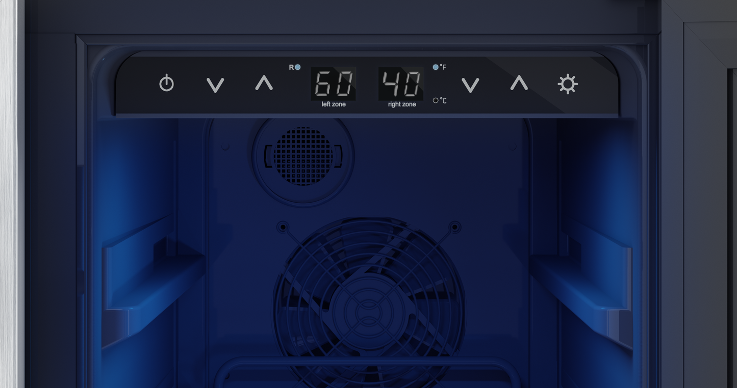 Digital control panel inside a beverage cooler displaying dual zone temperatures of 60 and 40 degrees, part of Refrigerators, Kitchen & Kitchenware, Beverage Centers, and Appliances collections.