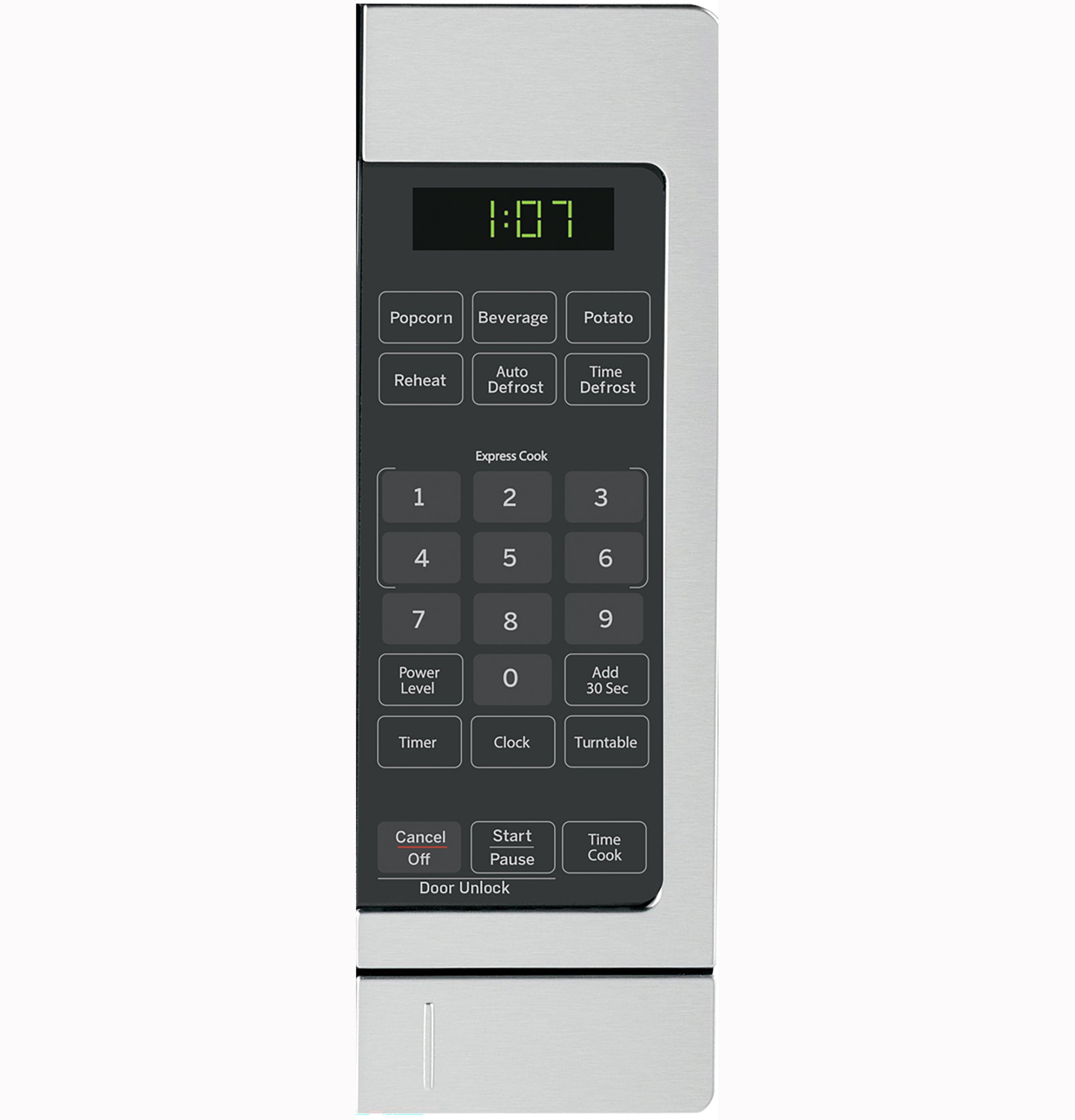 Digital control panel with preset cooking options and timer display on a stainless steel countertop microwave in Microwaves collection