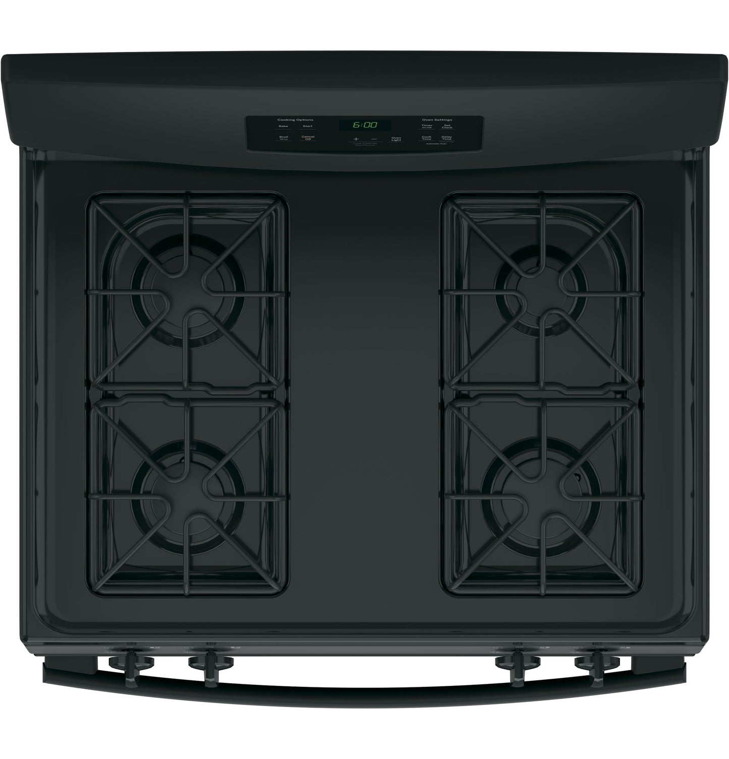 Top view of black free-standing gas range with four burners, control knobs, and digital timer in kitchen appliances collection