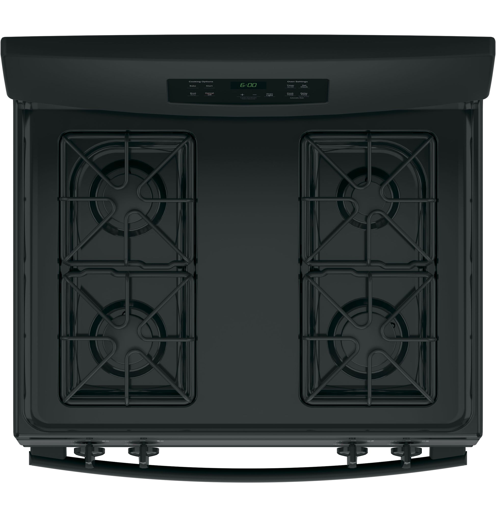 Top view of black free-standing gas range with four burners, control knobs, and digital timer in kitchen appliances collection