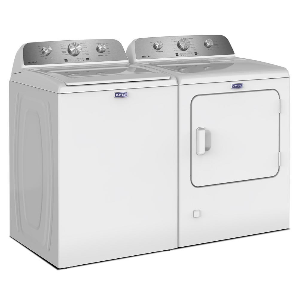 White top load washer and dryer set with silver control panels, part of washers and appliances collections