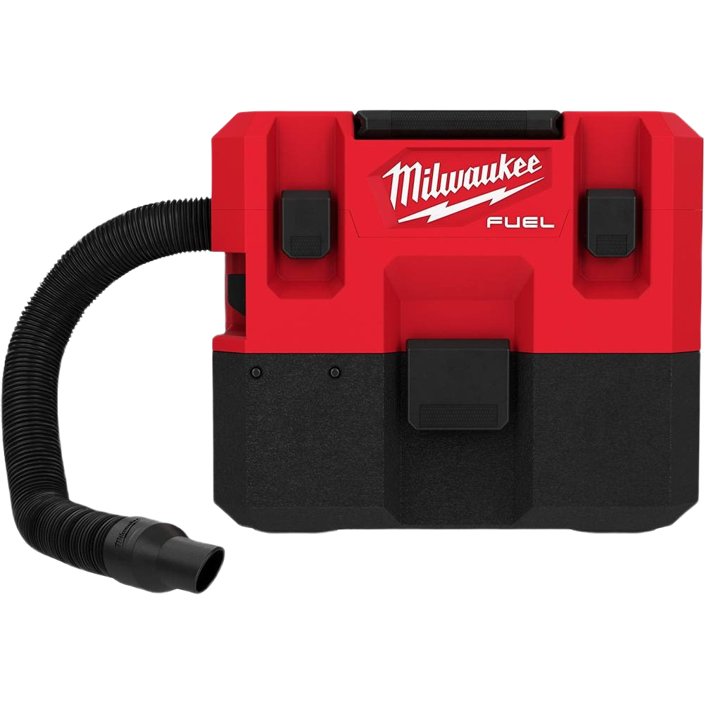 Portable red and black Milwaukee cordless wet and dry vacuum cleaner with flexible hose for tools and home improvement tasks