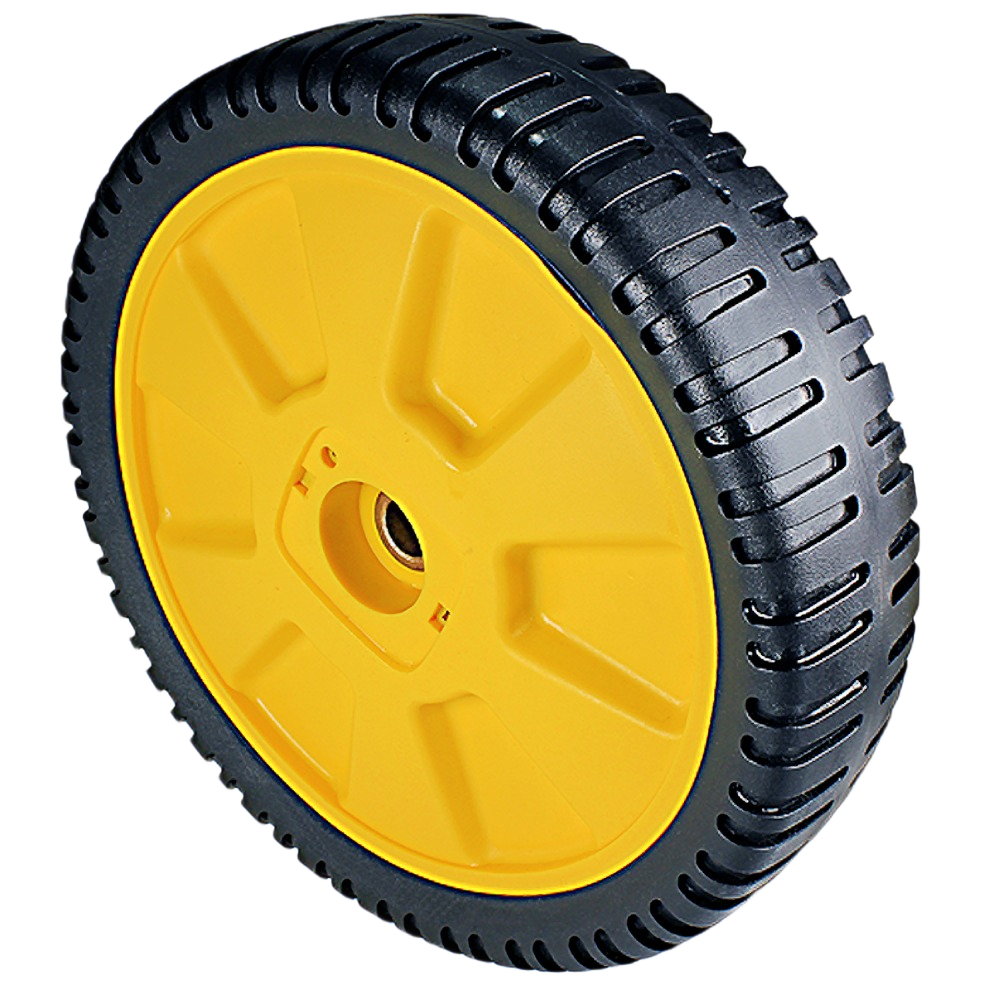Yellow and black durable wheel and tire assembly designed for outdoor equipment and home improvement use