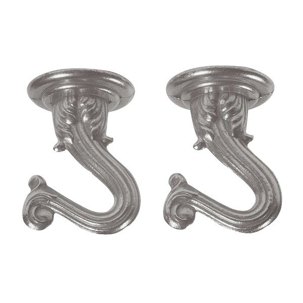 Pair of brushed pewter swag hooks with decorative scroll design for lighting and home improvement use