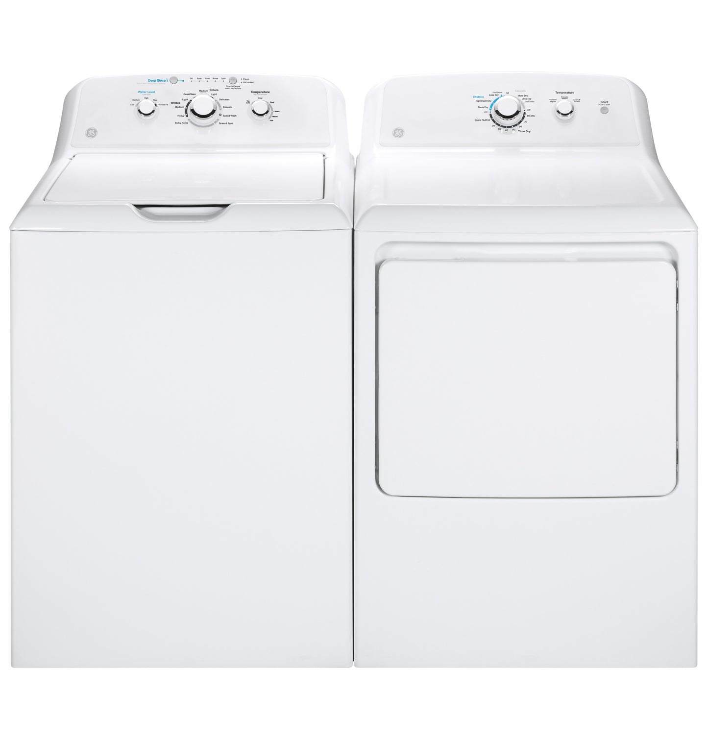 White top-load washer and dryer set with control knobs for efficient laundry in home improvement projects
