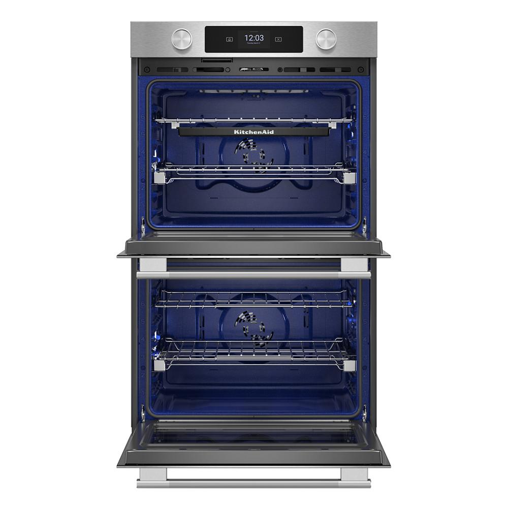 Stainless steel 30-inch smart electric double wall oven with LED display and printshield finish from KitchenAid Appliances collection