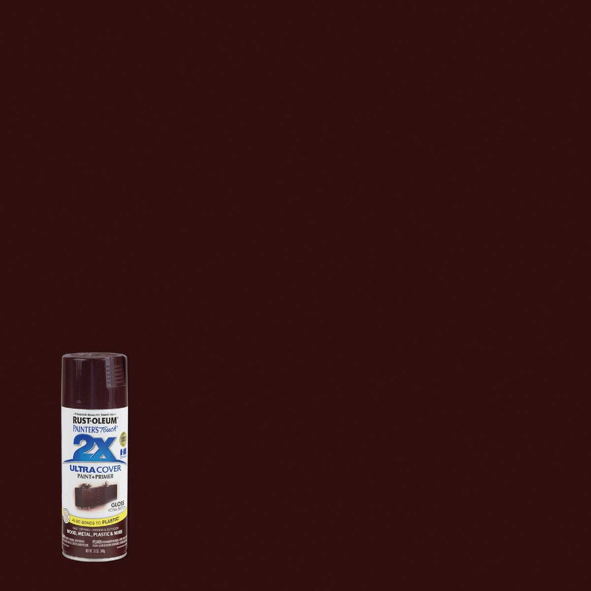 12 oz. can of Kona Brown gloss spray paint and primer for home improvement and DIY projects
