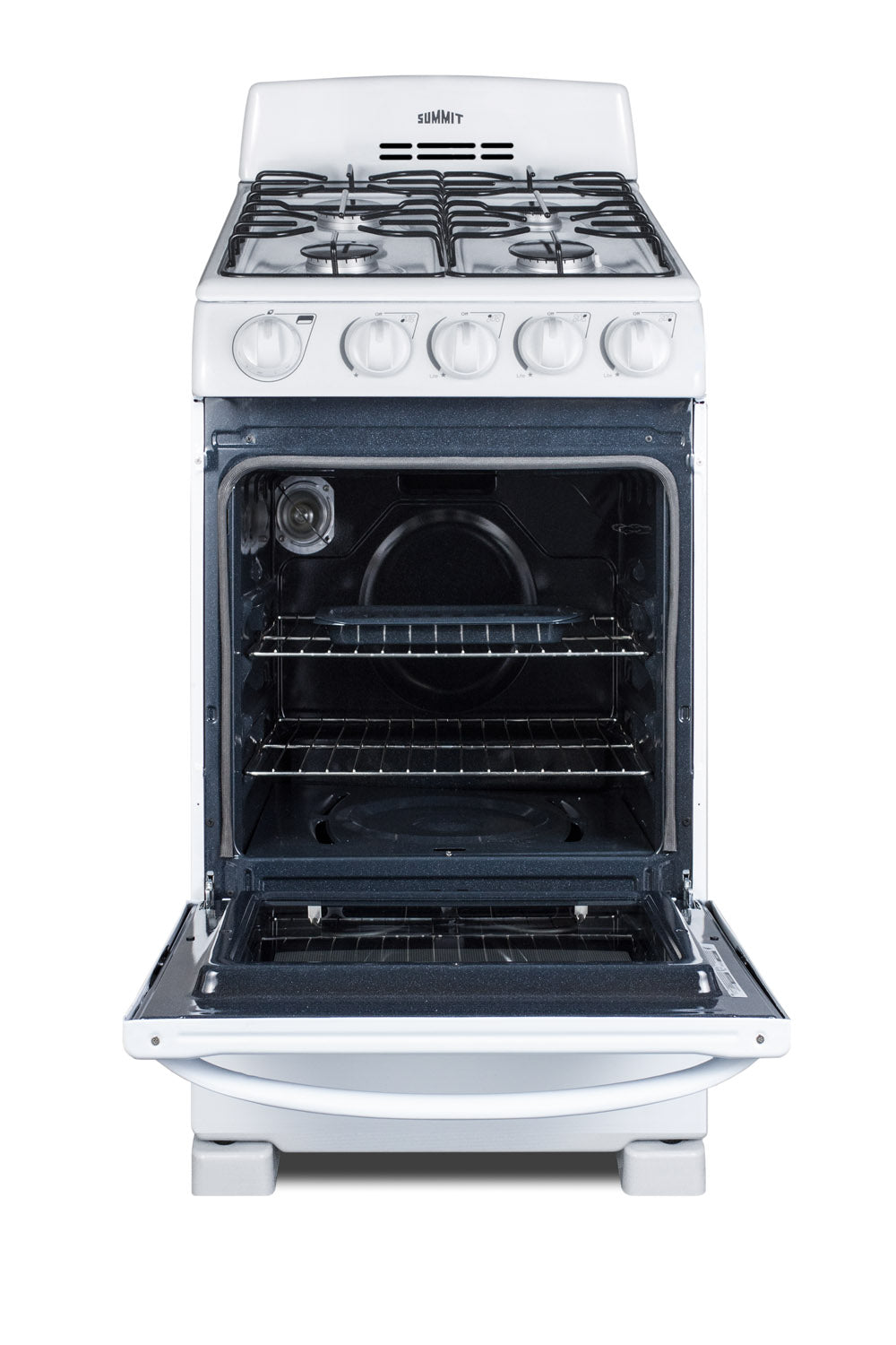 Compact white gas range with four burners and open oven door showing two racks from Ranges & Cooktops collection