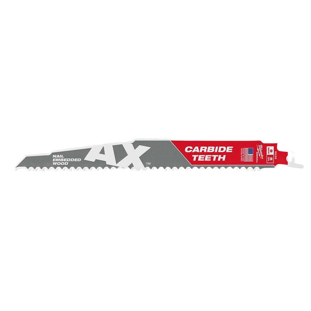 9-inch carbide tooth reciprocating saw blade for heavy-duty wood cutting in woodworking tool accessories.