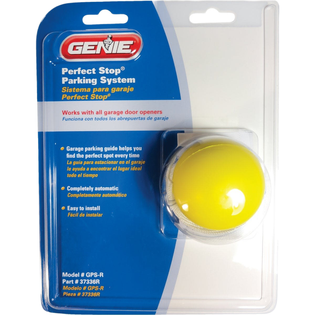 Yellow garage parking guide device in clear plastic packaging with blue and white backing for home improvement tasks
